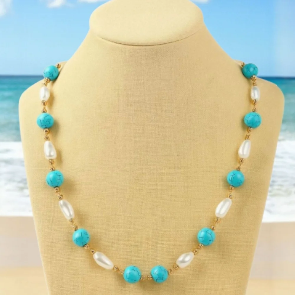 🔥 White Shell Pearl, Blue Howlite Beaded Necklace (18-20In) in Goldtone